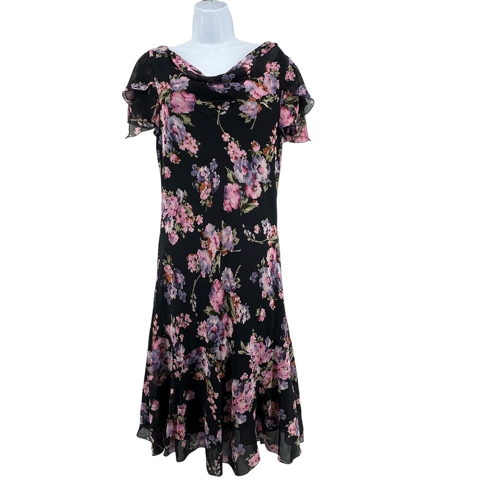Spenser Jeremy Floral Silk Midi Dress 10 Black Cowl Neck Flutter Y2K Cottage 90s
